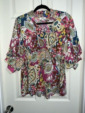 Umgee Pink Multi Paisley Floral Smocked Neck Blouse